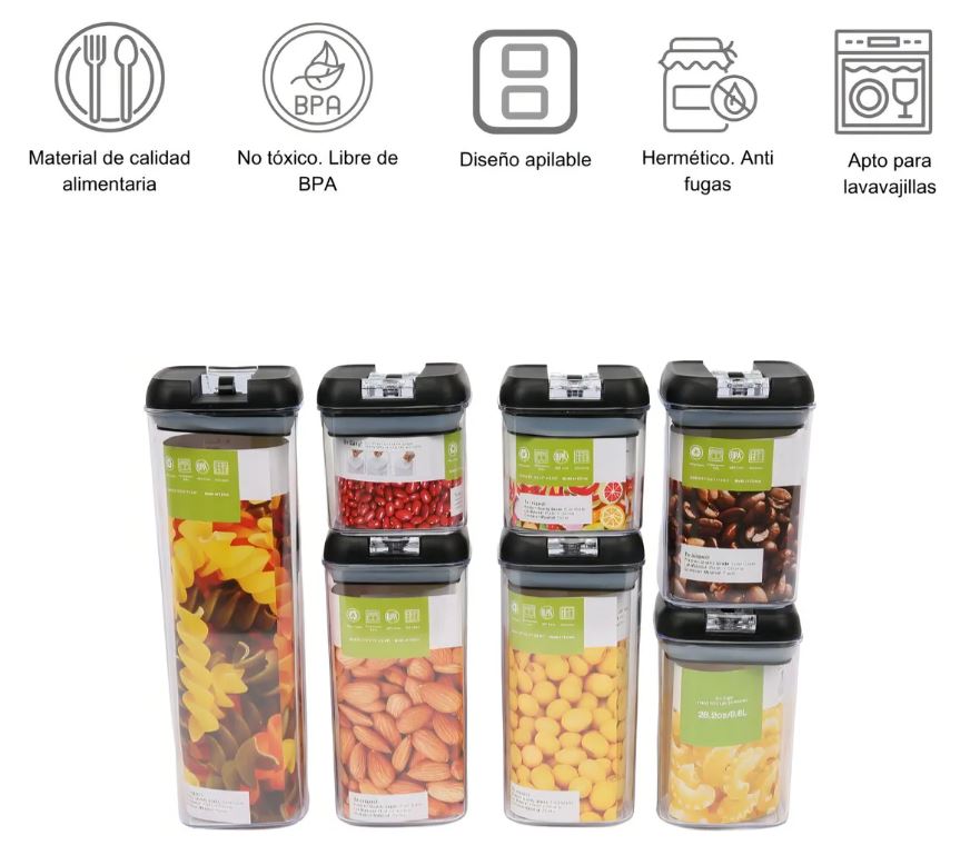 Set de 7 Frascos Herméticos para Cocina – Organizador de Alimentos con Tapa
