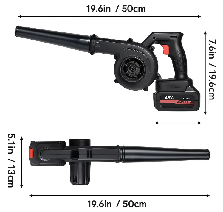 Sopladora de Aire Inalámbrica 48V con 2 Baterías Recargables – Limpia Auto, PC, Jardín y Aviva el Carbón para Asados