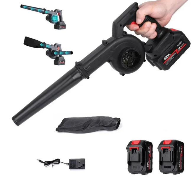 Sopladora de Aire Inalámbrica 48V con 2 Baterías Recargables – Limpia Auto, PC, Jardín y Aviva el Carbón para Asados