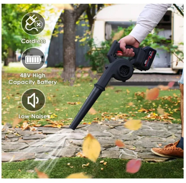 Sopladora de Aire Inalámbrica 48V con 2 Baterías Recargables – Limpia Auto, PC, Jardín y Aviva el Carbón para Asados