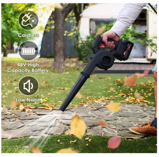 Sopladora de Aire Inalámbrica 48V con 2 Baterías Recargables – Limpia Auto, PC, Jardín y Aviva el Carbón para Asados