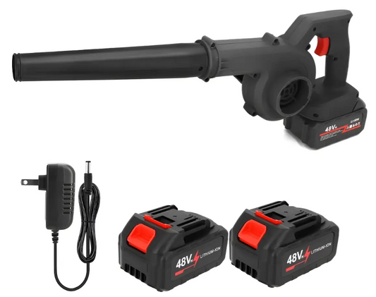 Sopladora de Aire Inalámbrica 48V con 2 Baterías Recargables – Limpia Auto, PC, Jardín y Aviva el Carbón para Asados