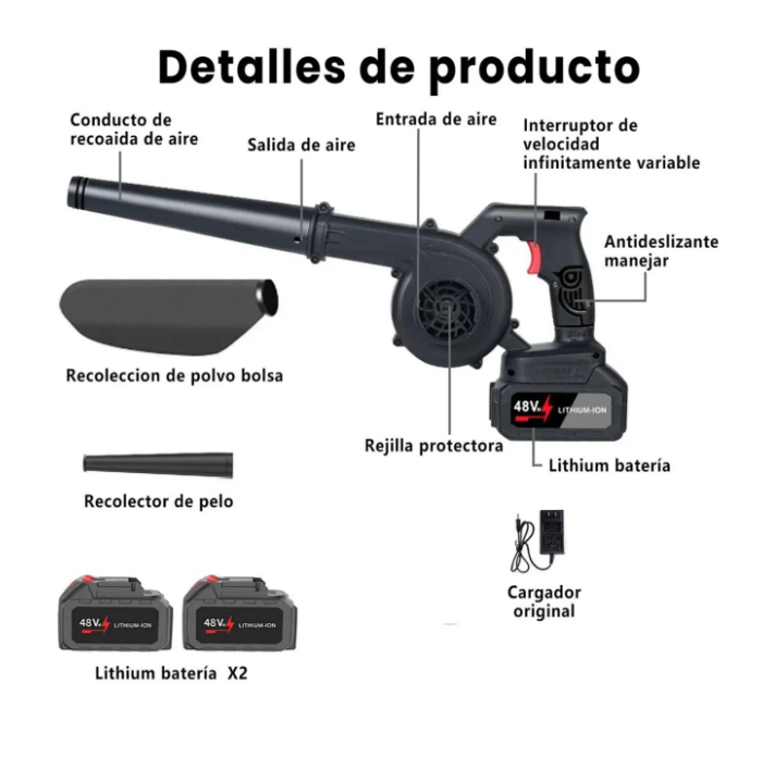 Sopladora de Aire Inalámbrica 48V con 2 Baterías Recargables – Limpia Auto, PC, Jardín y Aviva el Carbón para Asados