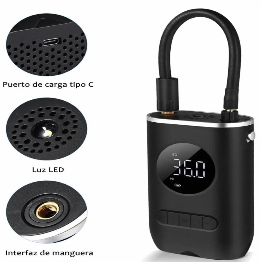 Inflador de Llantas Recargable con Pantalla Digital, Compresor de Aire para Carro, Moto, Bicicleta y Balones