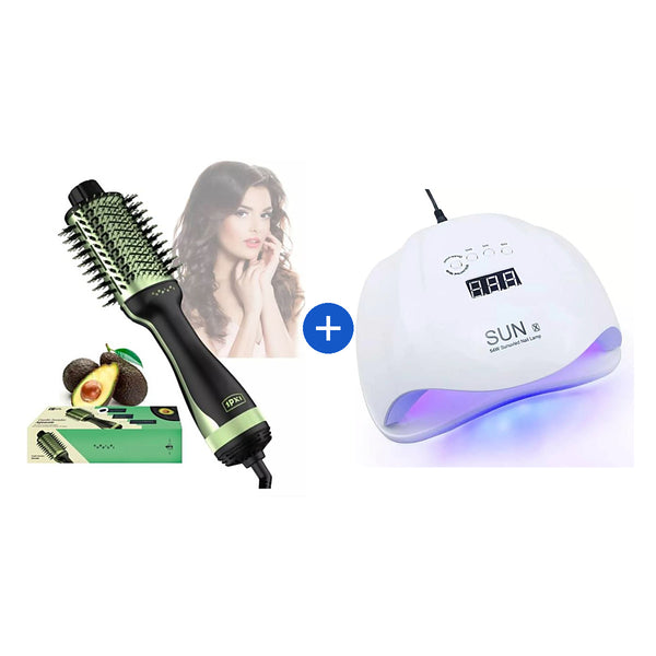 Combo Belleza en Casa: Cepillo Secador Aguacate 2 en 1 + Lámpara de Uñas Sunx 54W