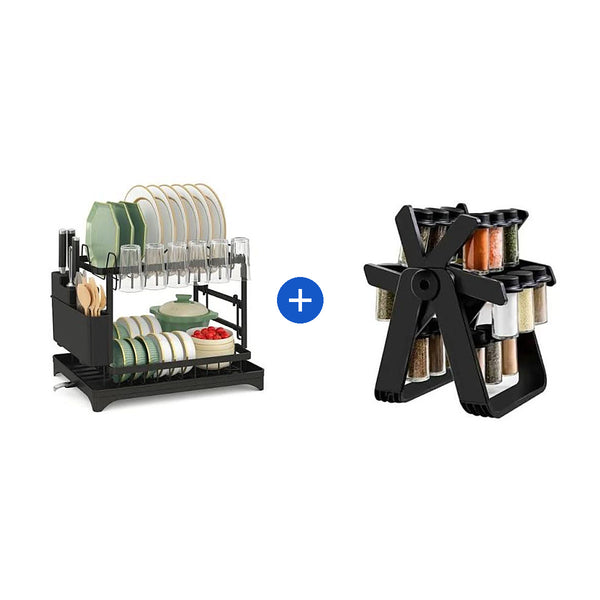 Combo Cocina Ordenada: Escurridor de Vajilla 2 Niveles + Condimentero Giratorio 18 Frascos