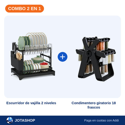 Combo Cocina Ordenada: Escurridor de Vajilla 2 Niveles + Condimentero Giratorio 18 Frascos – foto 2