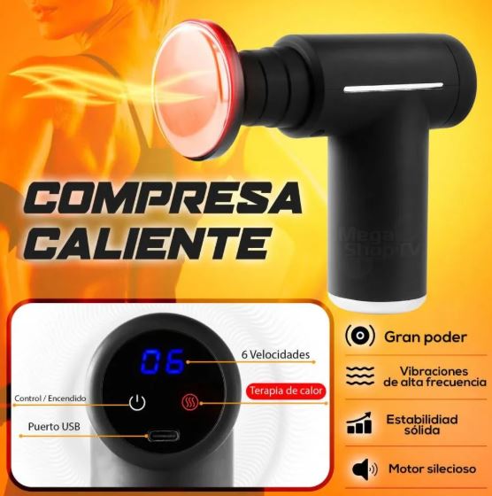 Pistola de Masaje Muscular Profesional con Terapia de Frío y Calor, 6 Cabezales y Batería Recargable